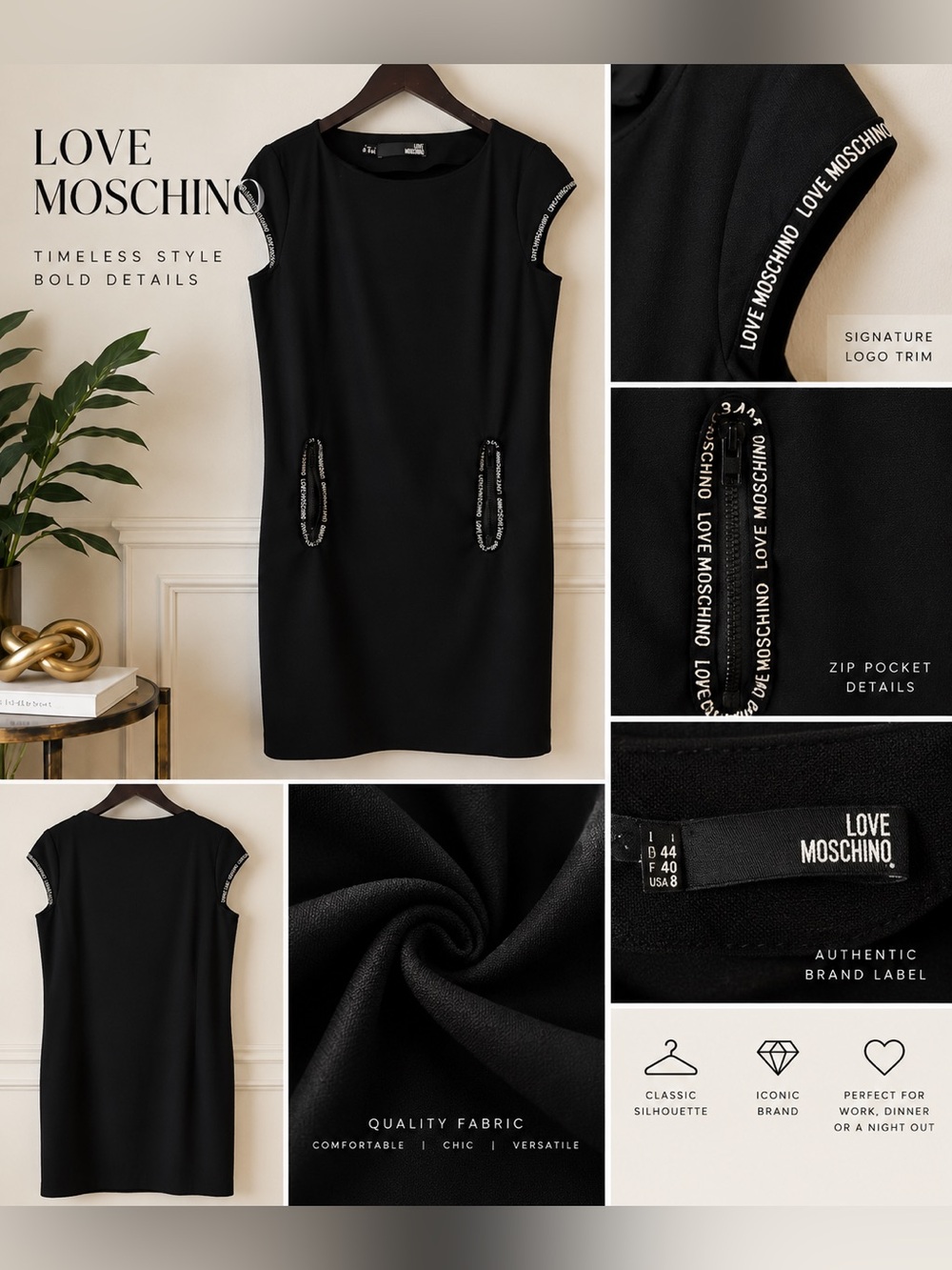 Moschino Black Mini Sheath Dress with Branded Trim